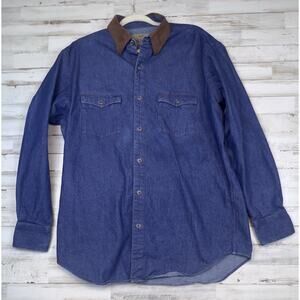 King Ranch Mens Denim Button Up Shirt L Suede Collar Long Sleeve Western Utility
